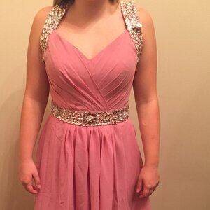 Blush Pink Rhinestone Detail Halter Dress